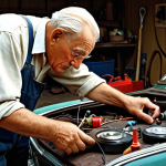 **

A nostalgic scene depicting a grandfather meticulously checking the electrolyte level of a car's lead-acid battery, possibly in a garage or driveway setting. The atmosphere should evoke a sense of routine and old-fashioned care. Consider adding a vintage car and tools.

**