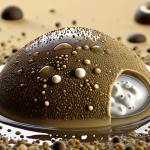 **Image of microscopic micelles surrounding and encapsulating dirt and grease particles within a drop of soapy water. Focus on the structure and action of the micelles, visualizing how they trap and remove dirt.**
