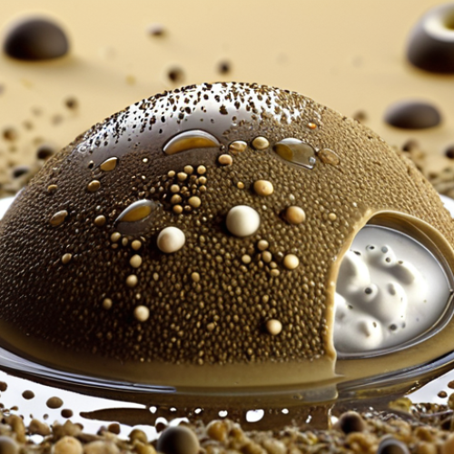 **Image of microscopic micelles surrounding and encapsulating dirt and grease particles within a drop of soapy water. Focus on the structure and action of the micelles, visualizing how they trap and remove dirt.**