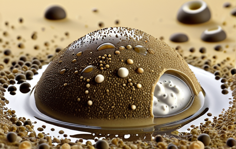 **Image of microscopic micelles surrounding and encapsulating dirt and grease particles within a drop of soapy water. Focus on the structure and action of the micelles, visualizing how they trap and remove dirt.**