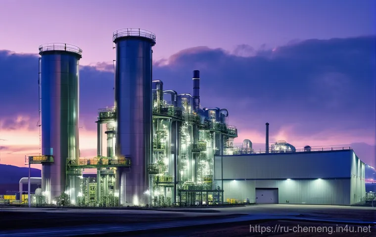 산업용 가스 분리 공정 - **Cryogenic Distillation Plant at Dusk**
"A majestic, wide-angle view of a state-of-the-art cryo...