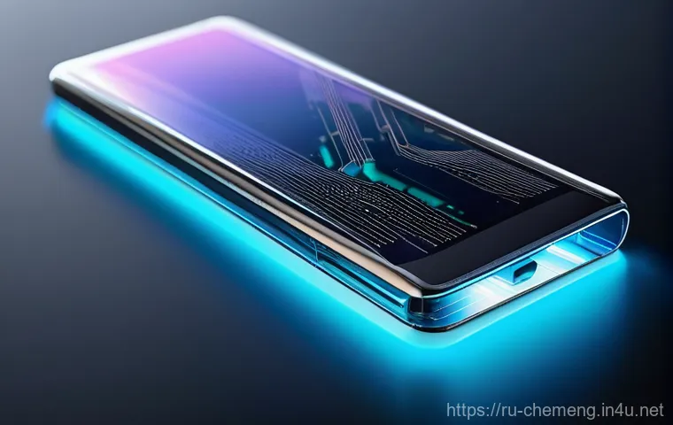 차세대 반도체 소재 및 공정 - **Prompt:** "A hyper-futuristic, transparent smartphone with a flexible, almost ethereal screen, sho...