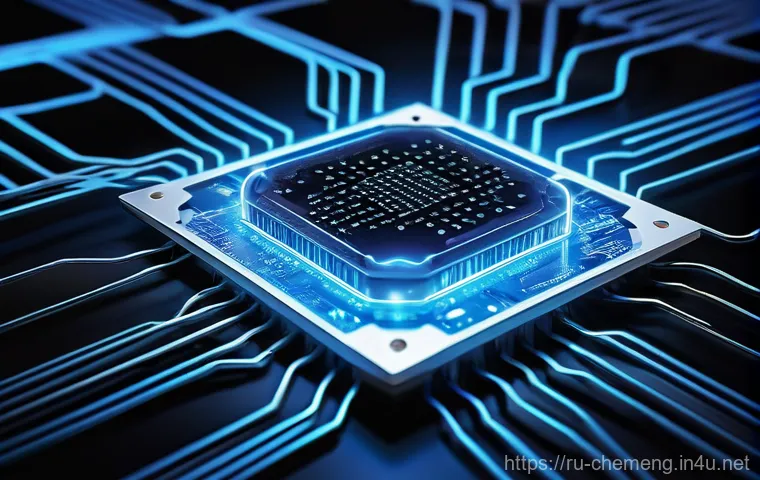 차세대 반도체 소재 및 공정 - **Prompt:** "A mesmerizing, detailed cross-section view of a 3D-stacked microchip, revealing multipl...
