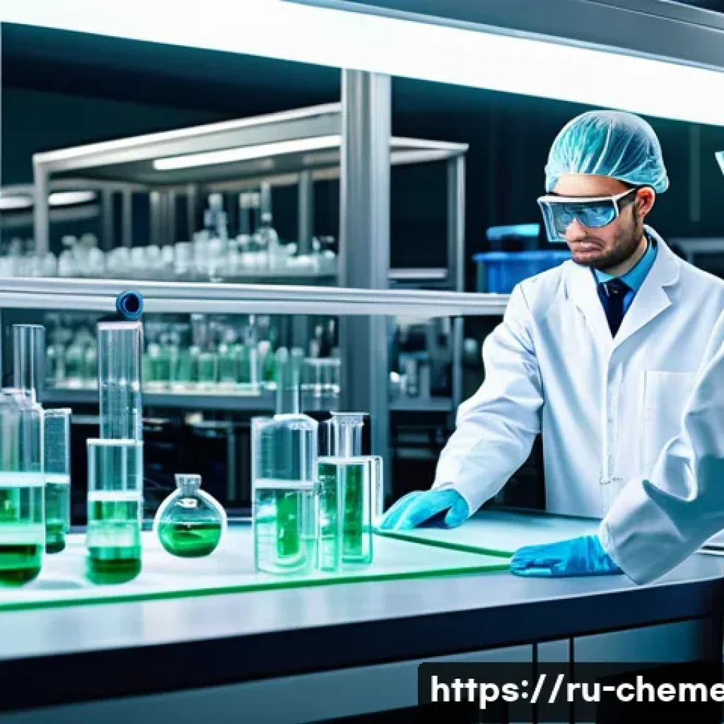 화학공학과 재료과학 - A high-tech industrial chemical laboratory scene featuring scientists in protective lab coats and sa...