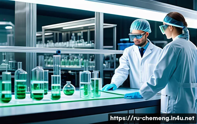 화학공학과 재료과학 - A high-tech industrial chemical laboratory scene featuring scientists in protective lab coats and sa...