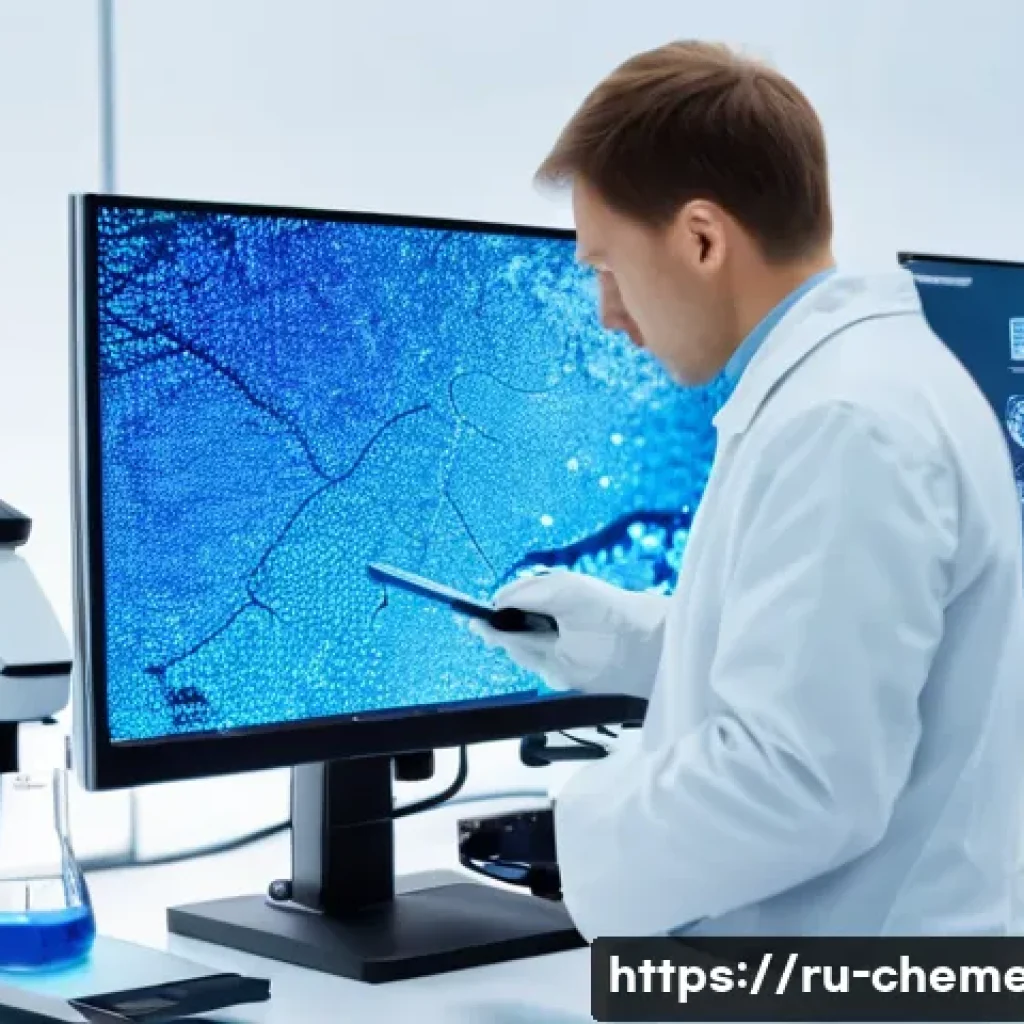 고분자 물질의 생분해성 연구 - A high-tech laboratory scene showing scientists in modern white lab coats examining biodegradable po...