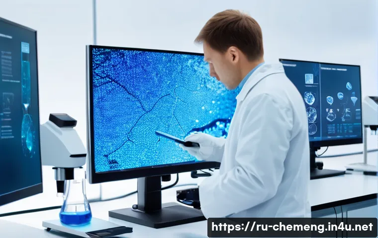 고분자 물질의 생분해성 연구 - A high-tech laboratory scene showing scientists in modern white lab coats examining biodegradable po...