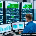 화학공정에서의 빅데이터 분석 - A modern Russian chemical manufacturing plant control room featuring engineers monitoring multiple l...