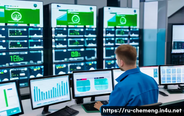 화학공정에서의 빅데이터 분석 - A modern Russian chemical manufacturing plant control room featuring engineers monitoring multiple l...