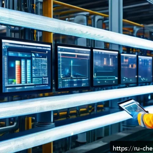 위험물 관리 및 산업안전 - A modern industrial factory interior featuring advanced automated monitoring systems with multiple d...