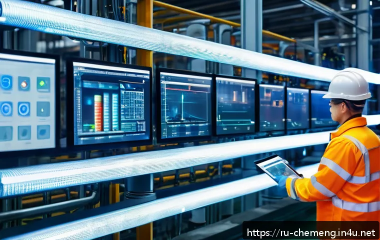 위험물 관리 및 산업안전 - A modern industrial factory interior featuring advanced automated monitoring systems with multiple d...