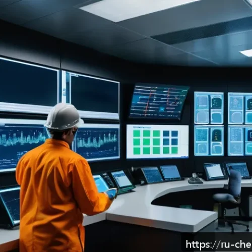빅데이터와 화학공정 - A modern chemical production facility control room filled with digital screens displaying real-time ...