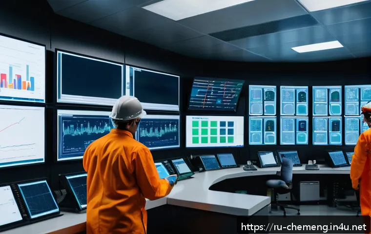 빅데이터와 화학공정 - A modern chemical production facility control room filled with digital screens displaying real-time ...